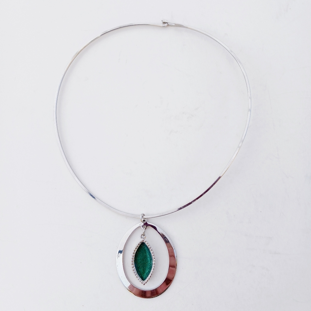 Danish Modern Hoop Necklace Vintage  Coventry Silvertone Green 1970s